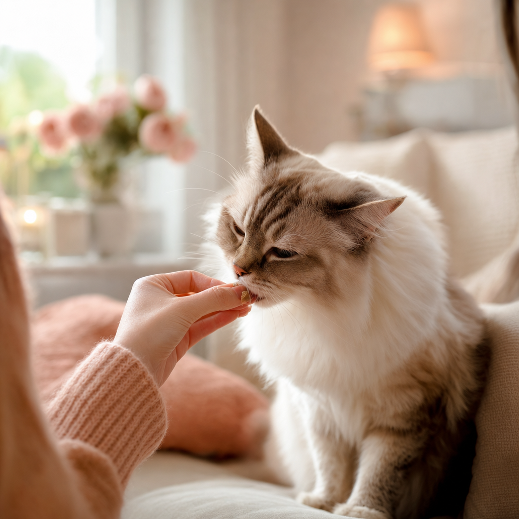 Un chat prend sa friandise